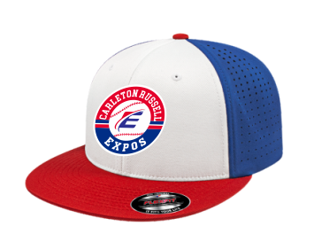 White/red/blue fitted flat brim hat Expo